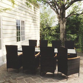 Set mobilier de exterior cu perne, 9 piese, negru, poliratan Negru, Lungime masa 250 cm, 9