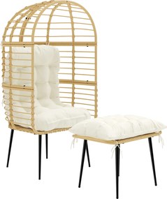 Outsunny Fotoliu de grădină cu taburet PE-Rattan, fotoliu în formă de ou cu perne lungi &amp; groase, cadru metalic Bej | Aosom Romania