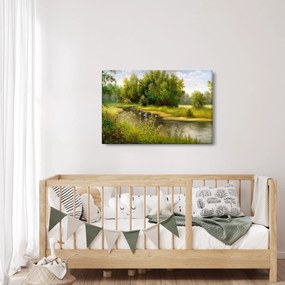 Tablou - Râu lângă pădure, pictură în ulei (90x60 cm)