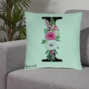 Cadou Personalizat - Perna Personalizata Monograma Florala Litera I, 40x40 cm, Verde Menta, Husa Detasabila, Perna Inclusa, BEKZ®