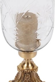 Suport lumânare din alamă lucrată manual și sticlă, auriu, cu picior înalt, cilindru transparent gravat și bază pe trei picioare sculptate, 57 x 21,5