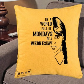 Perna Personalizata Wednesday Be a Wednesday, 40x40 cm, Galben, Husa Detasabila, Perna Inclusa, BEKZ®