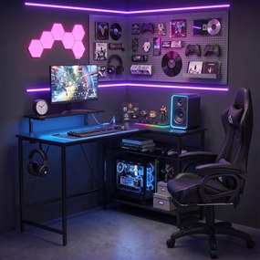 HOMCOM Birou Gaming Reversibil în L cu LED, 114,5x82 cm Birou Colțar cu Prize Electrice, Suport pentru Monitor și Rafturi Reglabile din Rețea, Stație Gaming pentru Acasă, Birou sau Studiu, Negru | Aosom Romania