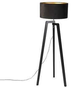 Lampă de podea cu trepied din lemn negru cu abajur negru 50 cm - Puros