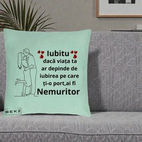 Cadou pentru Iubit - Perna Personalizata Iubitu Nemuritor cu Cuplu Line-Art si Inimi Rosii, 40x40 cm, Verde Menta, Husa Detasabila, Perna Inclusa, BEKZ®