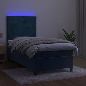 Pat cu arcuri, saltea si LED, bleumarin, 90x200 cm, catifea Albastru inchis, 90 x 200 cm, Cu blocuri patrate