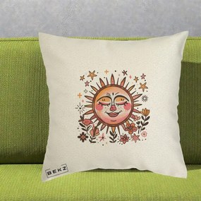 Perna Decorativa Soare Retro Boho Floral, 40x40 cm, Ecru, Husa Detasabila, Perna Inclusa, BEKZ®