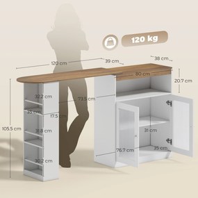 HOMCOM Masă de Bar Extensibilă și Rotativă 360° cu Rafturi Deschise și 2 Uși din Sticlă 150x80x105,5 cm Alb și Lemn Natural | Aosom Romania