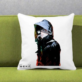 Perna Personalizata Tokyo Ghoul Ken Kaneki cu Masca si Gluga, 40x40 cm, Alba Mata, Husa Detasabila, Perna Inclusa, BEKZ®