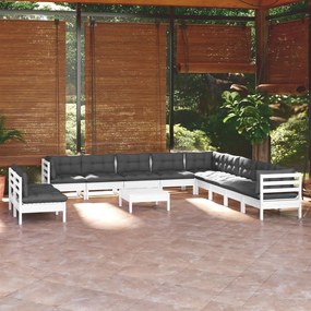 3096858 vidaXL Set mobilier grădină cu perne, 12 piese, alb, lemn masiv pin