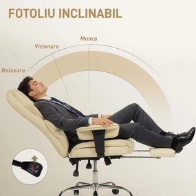 HOMCOM Scaun de birou cu suport pentru picioare și tetieră, din piele PU, spumă și metal, 76x73x117-125 cm, crem | Aosom Romania