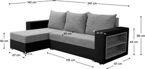 Canapea extensibilă cu raft, melanj negru/gri, stânga, MERAK ROH