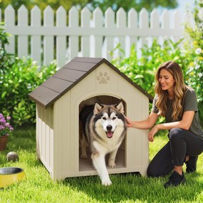 PawHut Căsuță pentru Câini de Exterior, Talie Mare și XL, Adăpost din Plastic Impermeabil cu Bază Ridicată, Ferestre și Acoperiș Înclinat pentru Grădină, Terasă, Curte, 102x94x103 cm, Bej | Aosom Romania
