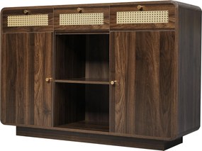 Comodă bufet, 3 sertare + 2 dulapuri cu raft central deschis și fețe din ratan, 120x40x85 cm, Maro