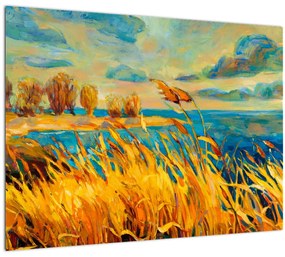 Tablou pe sticlă - Apus de soare peste lac, pictură acrilică (70x50 cm)