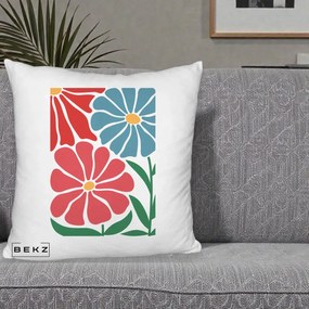 Perna Decorativa Flori Grafice Rosu-Albastru, 40x40 cm, Alb Pufos, Husa Detasabila, Perna Inclusa, BEKZ®