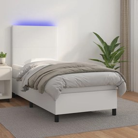 vidaXL Pat continental cu saltea &amp; LED, alb, 80x200 cm, piele eco