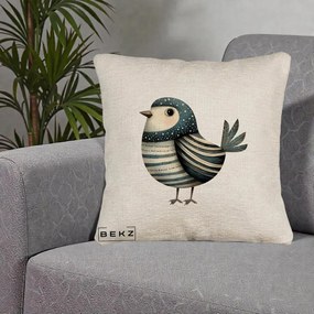 Perna Decorativa Pasare Teal Decorativa Dungata, 40x40 cm, Bej Canapea, Husa Detasabila, Perna Inclusa, BEKZ®