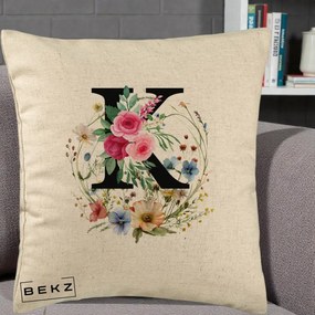 Cadou Personalizat - Perna Personalizata Monogram Litera K cu Flori Acuarela, 40x40 cm, Bej, Husa Detasabila, Perna Inclusa, BEKZ®