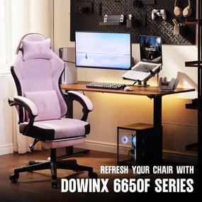 DOWINX 6650F - Scaun Gaming Ergonomic, Masaj in perna lombara, Șezut cu Arcuri Metalice și Spumă, Suport pentru picioare, Rabatabil 90°–135°, Rezistent 136 kg, Material textil, Roz