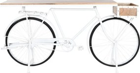 Masă consolă industrială din metal și lemn de mango, alb, cu bază în formă de bicicletă, anvelope negre și ladă, 91 x 195 x 40 cm, „Bycicle”