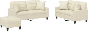 vidaXL Set de canapele cu perne, 3 piese, crem, piele ecologică