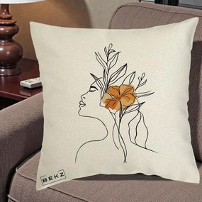 Perna Decorativa Portret Feminin Floare Portocalie Lateral, 40x40 cm, Ecru, Husa Detasabila, Perna Inclusa, BEKZ®