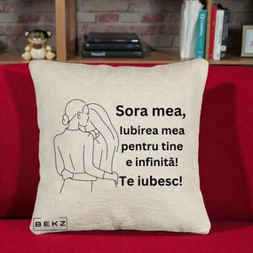 Cadou pentru Sora - Perna Personalizata Sora Mea Te Iubesc Imbratisare din Spate Line Art, 40x40 cm, Bej Canapea, Husa Detasabila, Perna Inclusa, BEKZ®