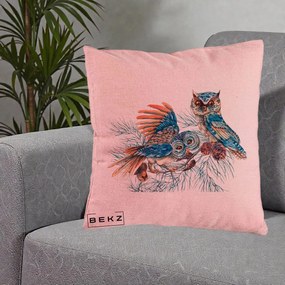 Perna Decorativa Bufnite de Iarna Albastre, 40x40 cm, Roz, Husa Detasabila, Perna Inclusa, BEKZ®