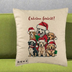 Perna Decorativa Caini cu Bonete Craciun Fericit, 40x40 cm, Bej, Husa Detasabila, Perna Inclusa, BEKZ®