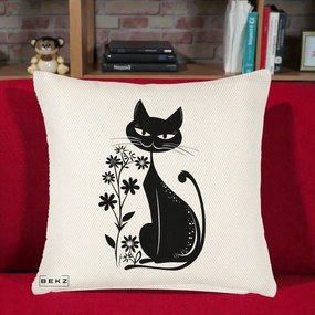 Perna Decorativa Pisica Neagra Grafica Minimalista, 40x40 cm, Crem Reliefat, Husa Detasabila, Perna Inclusa, BEKZ®