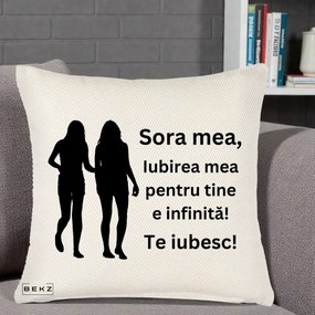 Cadou pentru Sora - Perna Personalizata Sora Mea Te Iubesc Siluete Negre Tinand Maini, 40x40 cm, Crem Reliefat, Husa Detasabila, Perna Inclusa, BEKZ®