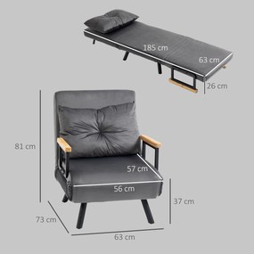 HOMCOM Canapea Extensibilă cu Spătar Reglabil pe 5 Nivele, Canapea Pat Individuală Pliabilă cu Perne, 63x73x81 cm, Gri | Aosom Romania