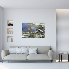 Tablou -Cabane într-un peisaj de iarnă, pictură în ulei (90x60 cm)