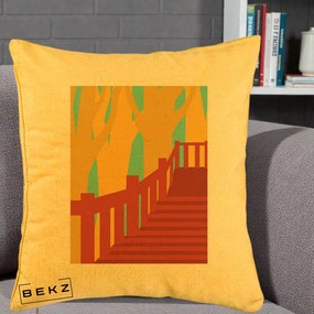 Perna Decorativa Scari Toamna Peisaj Grafic, 40x40 cm, Galben, Husa Detasabila, Perna Inclusa, BEKZ®