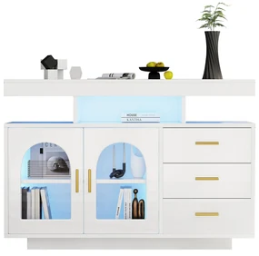 Comodă cu LED, Dulap pentru Cafea și Comodă cu Sertare, Luminos cu 16 Culori, pentru Living și Sala de Mese, 120x40x80 cm, Alb