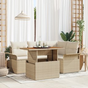 vidaXL Set de dining pentru grădină, 5 piese, cu perne bej din rattan sintetic și acacia