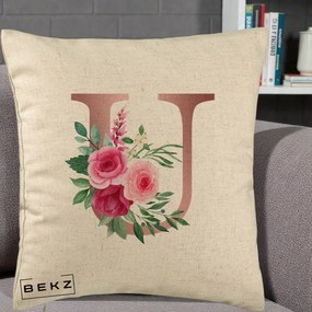 Cadou Personalizat - Perna Personalizata Monograma Rose Gold Litera U, 40x40 cm, Bej, Husa Detasabila, Perna Inclusa, BEKZ®
