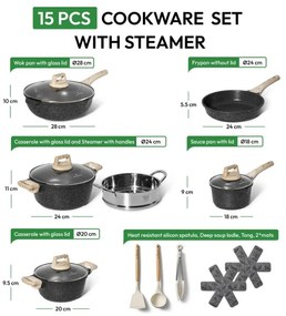 Set oale si tigai Just Perfecto JL-780, 15 piese, Finisaj marmura, Inductie, Oala cu aburi, Accesorii, Negru