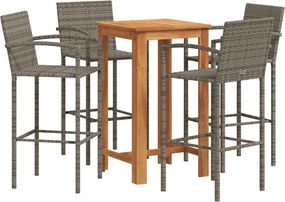 vidaXL Set bar de grădină, 5 piese, gri, lemn masiv acacia/ poliratan