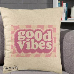Perna Decorativa Good Vibes Retro Roz, 40x40 cm, Bej, Husa Detasabila, Perna Inclusa, BEKZ®