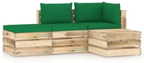 Set mobilier de gradina cu perne, 4 piese, lemn verde tratat green and brown, 4
