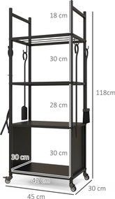 Outsunny Suport pentru Lemne de Foc de Interior și Exterior cu Roți și 4 Ustensile, cu Lopățică, Vătrai, Perie și Clește, Metal, 45 x 30 x 118 cm, Negru | Aosom Romania