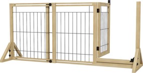 PawHut Gard Extensibil pentru Câini, Gard de Siguranță pentru Animale cu Ușă și 2 Panouri, Picioare Triangulare, 112-159x70 cm, Lemn Natural | Aosom Romania