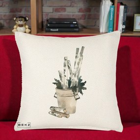 Perna Decorativa Butuci de Mesteacan Watercolor, 40x40 cm, Crem Reliefat, Husa Detasabila, Perna Inclusa, BEKZ®