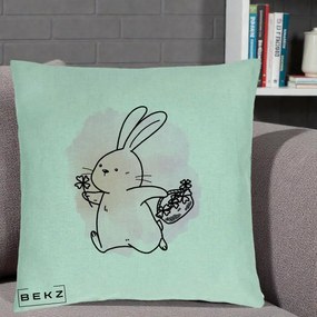 Perna Decorativa Iepuras Kawaii cu Cosulet Floral, 40x40 cm, Verde Menta, Husa Detasabila, Perna Inclusa, BEKZ®