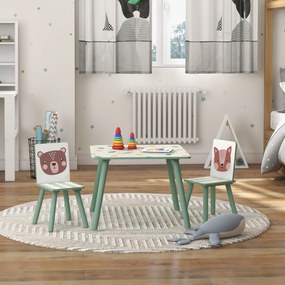 Set masă și scaun ZONEKIZ de 3 piese pentru copii cu vârsta de 3-8 ani din MDF și lemn de pin cu desene animale, de culoare verde | Aosom Romania