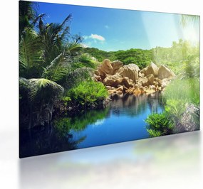 Tablou pe sticlă cu lac în jungla din Seychelles (70x50 cm)