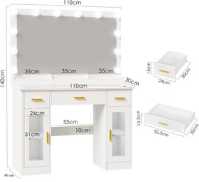 SEA2 - Set Masa toaleta 110 cm, Oglinda cu LED, Blat de Sticla, masuta vanity, make-up - Alb - Auriu