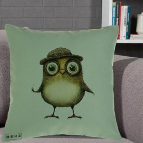 Perna Decorativa Pui Intelectual cu Palarie Tweed, 40x40 cm, Verde, Husa Detasabila, Perna Inclusa, BEKZ®